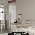 Modern Open Dining and Living Room Interior With Minimalist Marble Countertop And Grey Floor
