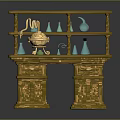 Elegant Marble Display Shelf With Golden Container And Blue Glass Bottles