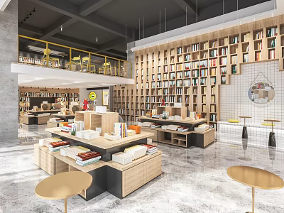 Book Art Inspired Bookstore Interior With Layered Bookshelves And Display Tables 3d model