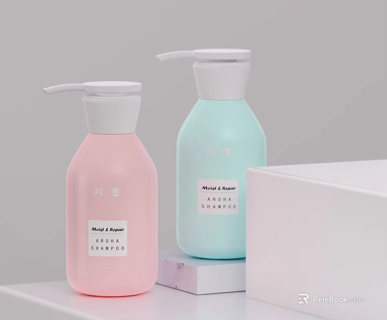 Minimalist Bathroom Accessories Pink And Light Blue Hand And Body Soap Dispensers With Labels 3d model 