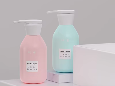 Minimalist Bathroom Accessories Pink And Light Blue Hand And Body Soap Dispensers With Labels 3d model