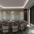 Elegant Private Dining Room With Round Dining Table Comfortable Chairs Decorative Wall And Large Windows 3d model
