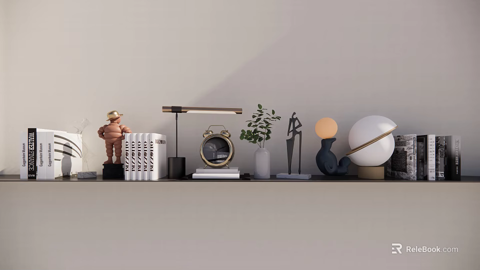 Stylish Decorative Ornament Set With Statue Table Lamp Books Green Plant And Spherical Ornaments 3d model 