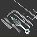 Assorted Cold Weapons Featuring Knives Swords Halberds Sickles With Metal Blades And Colored Handles