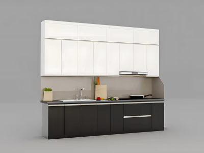 Modern Kitchen With White Upper Black Lower Cabinets And Countertop With Fruits Vegetables 3d model