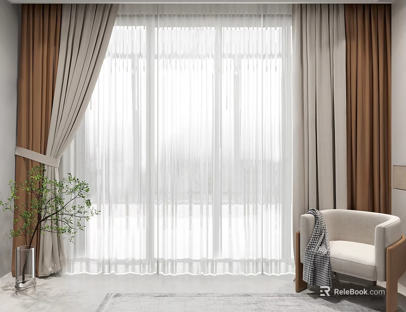 Cozy Modern Double Layer Curtains With White Sheer And Beige Panels By Window Side 3d model