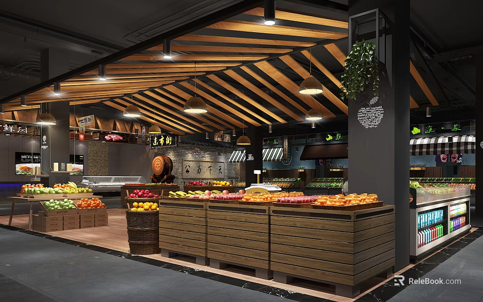 Supermarket Fresh Fruit Section With Wooden Display Counters And Assorted Fresh Fruits 3d model 