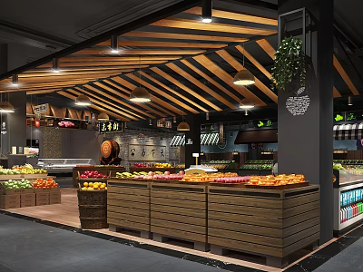 Supermarket Fresh Fruit Section With Wooden Display Counters And Assorted Fresh Fruits 3d model