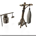 Handmade Wooden Storage Tools With Hanging Bags And Round Objects On Stands