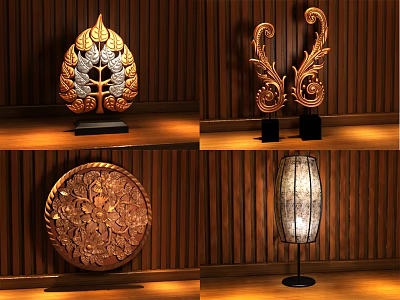 Handcrafted Decorative Ornament Set with Intricate Carved Leaf U Shaped Circular Designs on Wooden Shelf 3d model