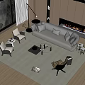 Modern Sofa and Coffee Table Set Interior with Accent Chairs Area Rug Fireplace Large Windows