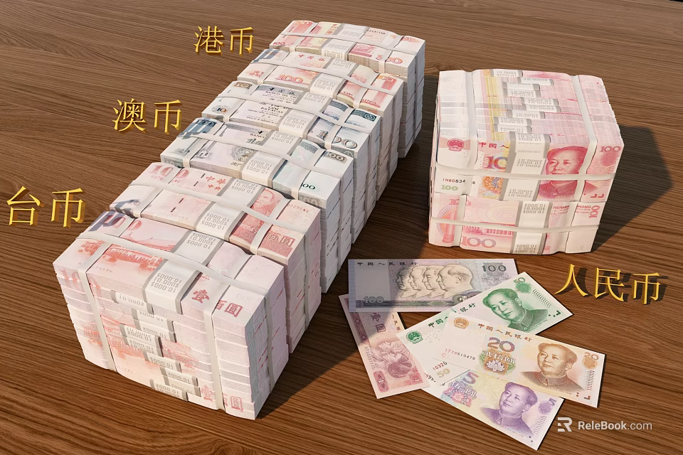Decorative Ornament Combination With Stacked Multi Currency Cash On Wooden Surface 3d model 