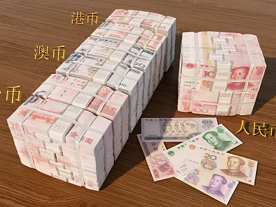Decorative Ornament Combination With Stacked Multi Currency Cash On Wooden Surface 3d model