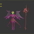 Woman with White Wings Wearing Yellow and Purple Outfit Holding Long Staff with Pink Orb