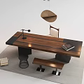 Modern Wooden Desk With Black Lamp Book Bench And Hanging Pendant Light On Gray Rug