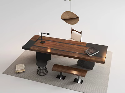 Modern Wooden Desk With Black Lamp Book Bench And Hanging Pendant Light On Gray Rug 3d model