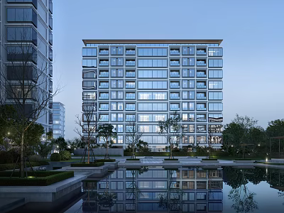 Modern High Rise Residential Building With Glass Facade Surrounding Greenery And Reflection Pool 3d model