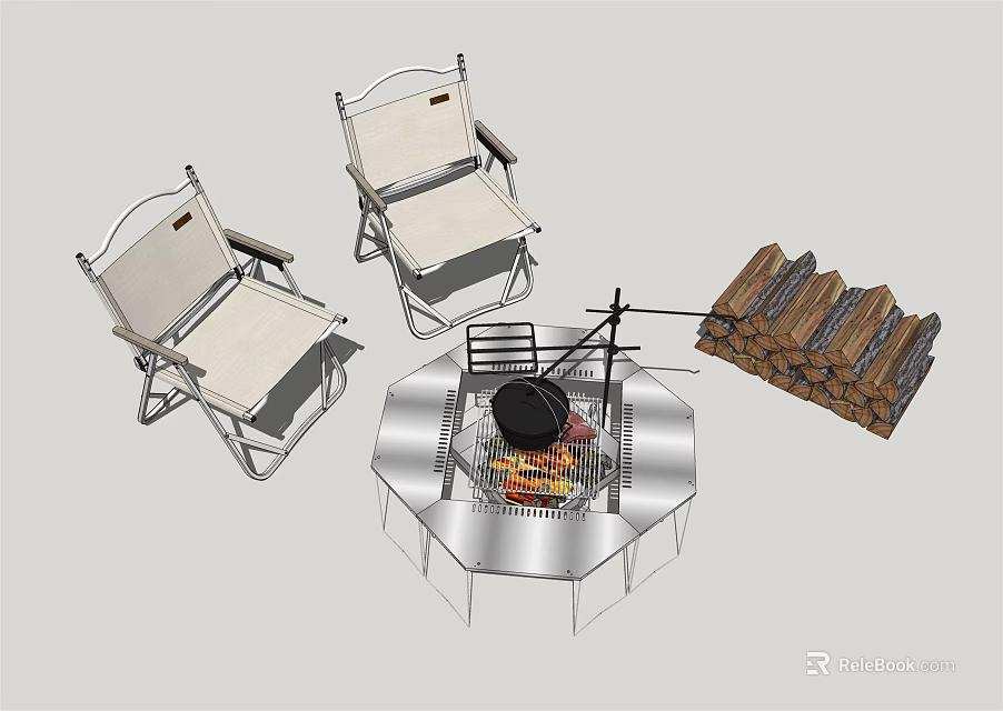Folding Outdoor Chairs With Fire Pit Campfire And Stacked Firewood Setup 3d model 