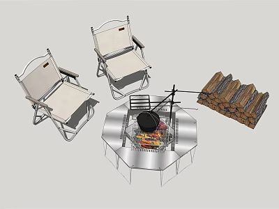 Folding Outdoor Chairs With Fire Pit Campfire And Stacked Firewood Setup 3d model