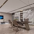 Modern Office Interior Design With Open Layout Large Windows City View Sofa Desk And Bookshelves