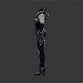 Woman Wearing Black And Blue Armor With Silver Accents Standing In Back View Warrior Pose