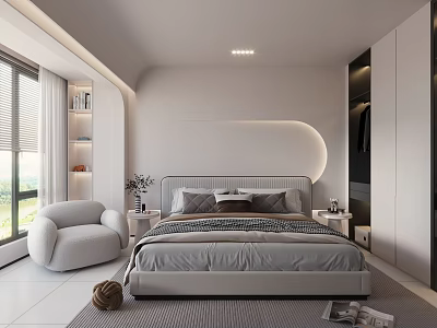 Modern Bedroom Interior With Curved Headboard White Armchair Window Side Bookshelf And Built In Wardrobe 3d model