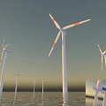 Wind Turbine Structure With White Blades Orange Tips On Water Surface For Renewable Energy