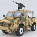 Military Utility Vehicle with Camouflage Paint Roof Mounted Machine Gun and Off Road Open Design