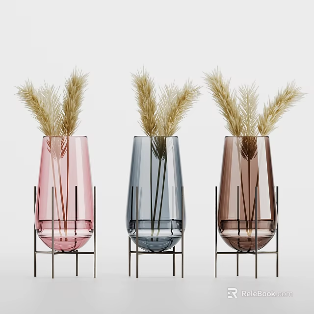 Decorative Ornament Set with Pink Blue Brown Glass Vases and Dried Grass on Metal Stands 3d model 