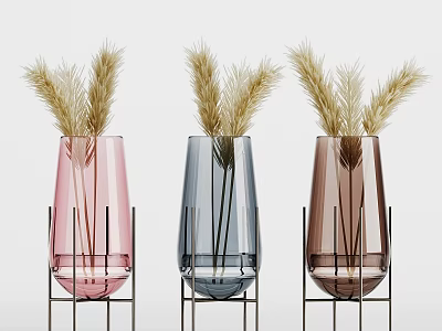 Decorative Ornament Set with Pink Blue Brown Glass Vases and Dried Grass on Metal Stands 3d model