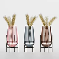 Decorative Ornament Set with Pink Blue Brown Glass Vases and Dried Grass on Metal Stands