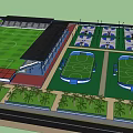 Outdoor Football Field With Green Turf Stadium Stands And Palm Trees Under Clear Blue Sky