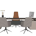 Modern Office Desk With Table Lamp Computer Monitor Brown Chair And Patterned Seats