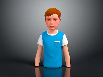 Red Haired Boy Wearing Blue T Shirt With White Sleeves and Front Pocket Against Gray Background 3d model