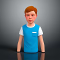 Red Haired Boy Wearing Blue T Shirt With White Sleeves and Front Pocket Against Gray Background