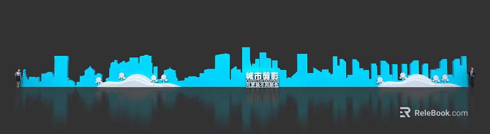 Blue City Skyline Silhouette With Clear Water Reflection And Uncut Version Design 3d model 