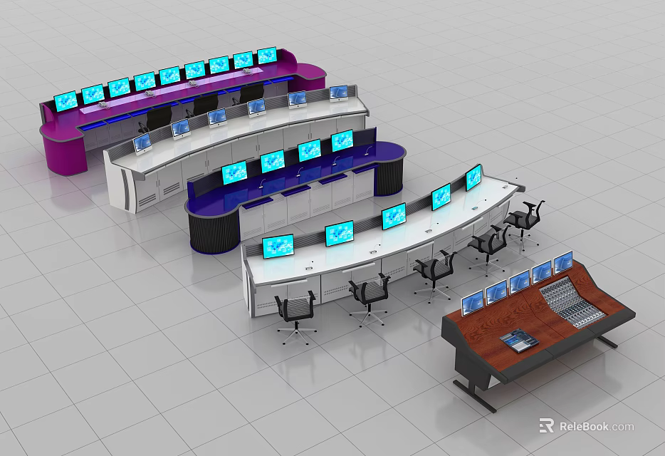 Modern Office Desks With Multiple Monitors Ergonomic Chairs And Console Design 3d model 