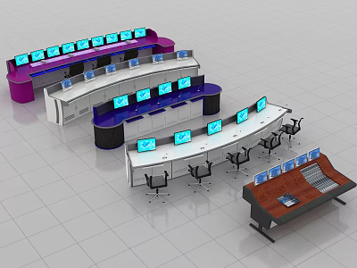 Modern Office Desks With Multiple Monitors Ergonomic Chairs And Console Design 3d model