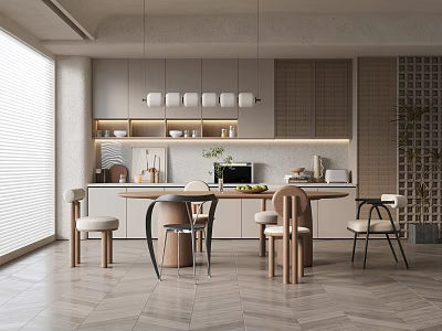 Modern Restaurant Interior Design With Pendant Lights Dining Table And Chairs 3d model