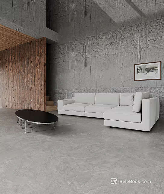 Modern Living Room Interior With Textured Gray Wall Wooden Partition And White L Shaped Sofa 3d model 