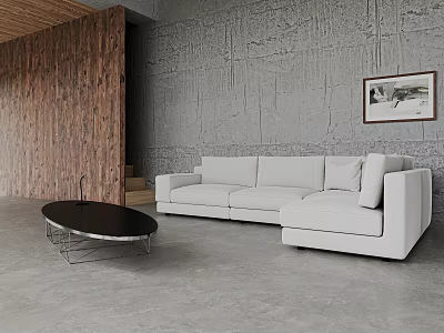 Modern Living Room Interior With Textured Gray Wall Wooden Partition And White L Shaped Sofa 3d model