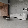 Modern Living Room Interior With Textured Gray Wall Wooden Partition And White L Shaped Sofa