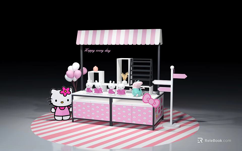 Hello Kitty Shopping Mall Kiosk with Pink White Striped Awning Balloons and Bow Decorations 3d model 