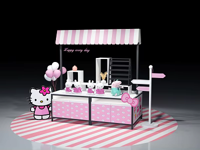 Hello Kitty Shopping Mall Kiosk with Pink White Striped Awning Balloons and Bow Decorations 3d model