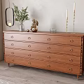 Wooden Entryway Cabinet Sideboard with Drawers Featuring Green Plant Candlesticks Sculpture and Hanging Lamp