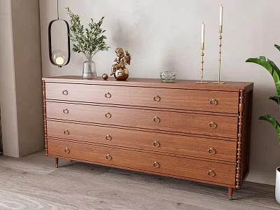 Wooden Entryway Cabinet Sideboard with Drawers Featuring Green Plant Candlesticks Sculpture and Hanging Lamp 3d model