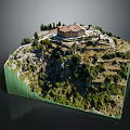 Ancient Building on Mountain Slope with Terraced Fields and Lush Greenery 3d model
