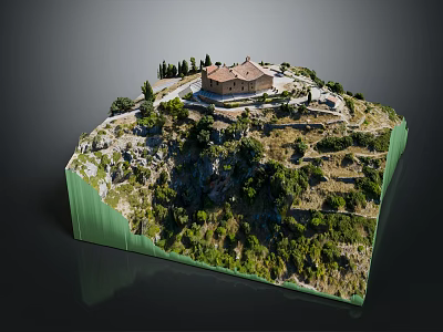 Ancient Building on Mountain Slope with Terraced Fields and Lush Greenery 3d model