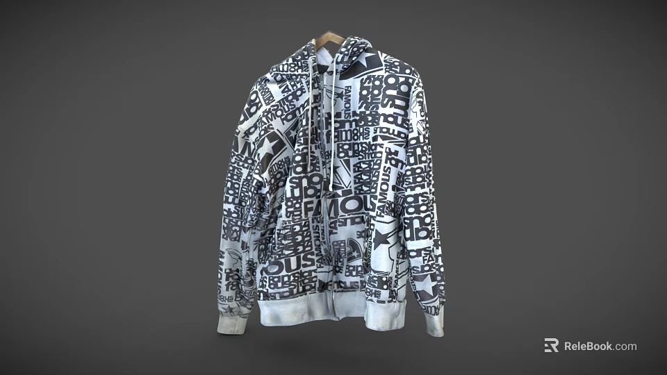 Stylish Black And White Hoodie With Graphic Text Patterns And Zip Front Design 3d model 