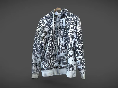 Stylish Black And White Hoodie With Graphic Text Patterns And Zip Front Design 3d model